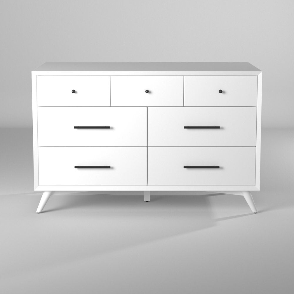White Solid Wood Seven Drawer Double Dresser - 56-inch