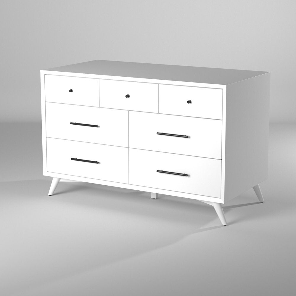 White Solid Wood Seven Drawer Double Dresser - 56-inch