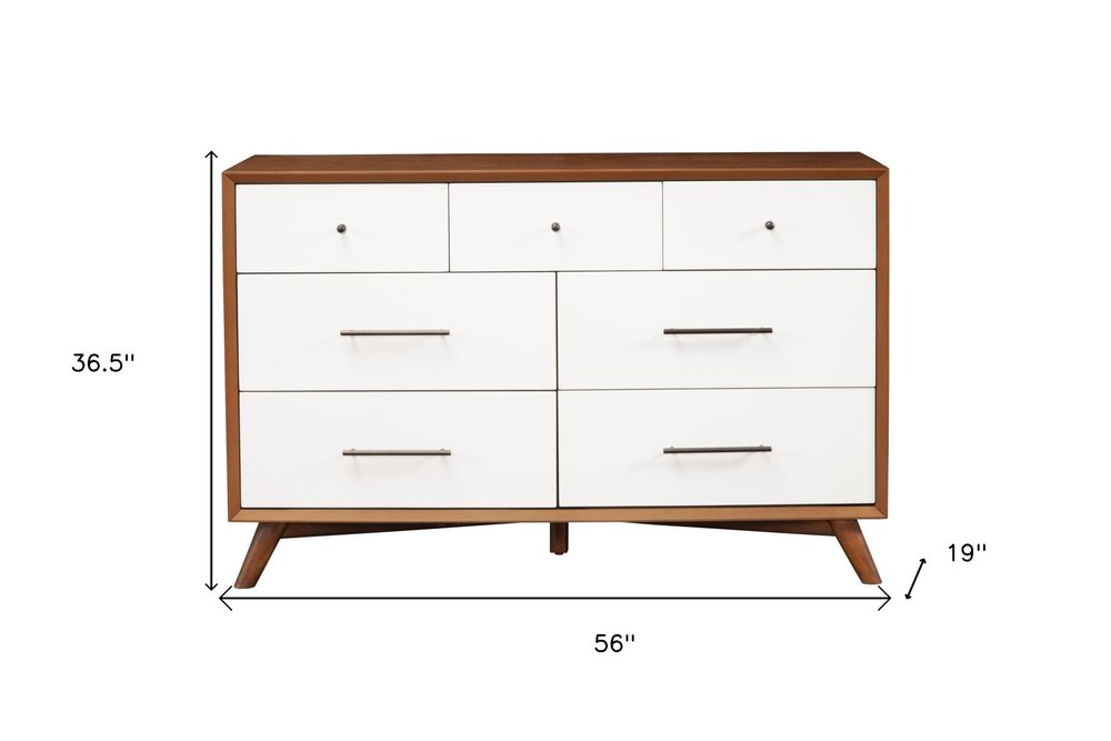 Brown and White Solid Wood Seven Drawer Double Dresser - 56-inch
