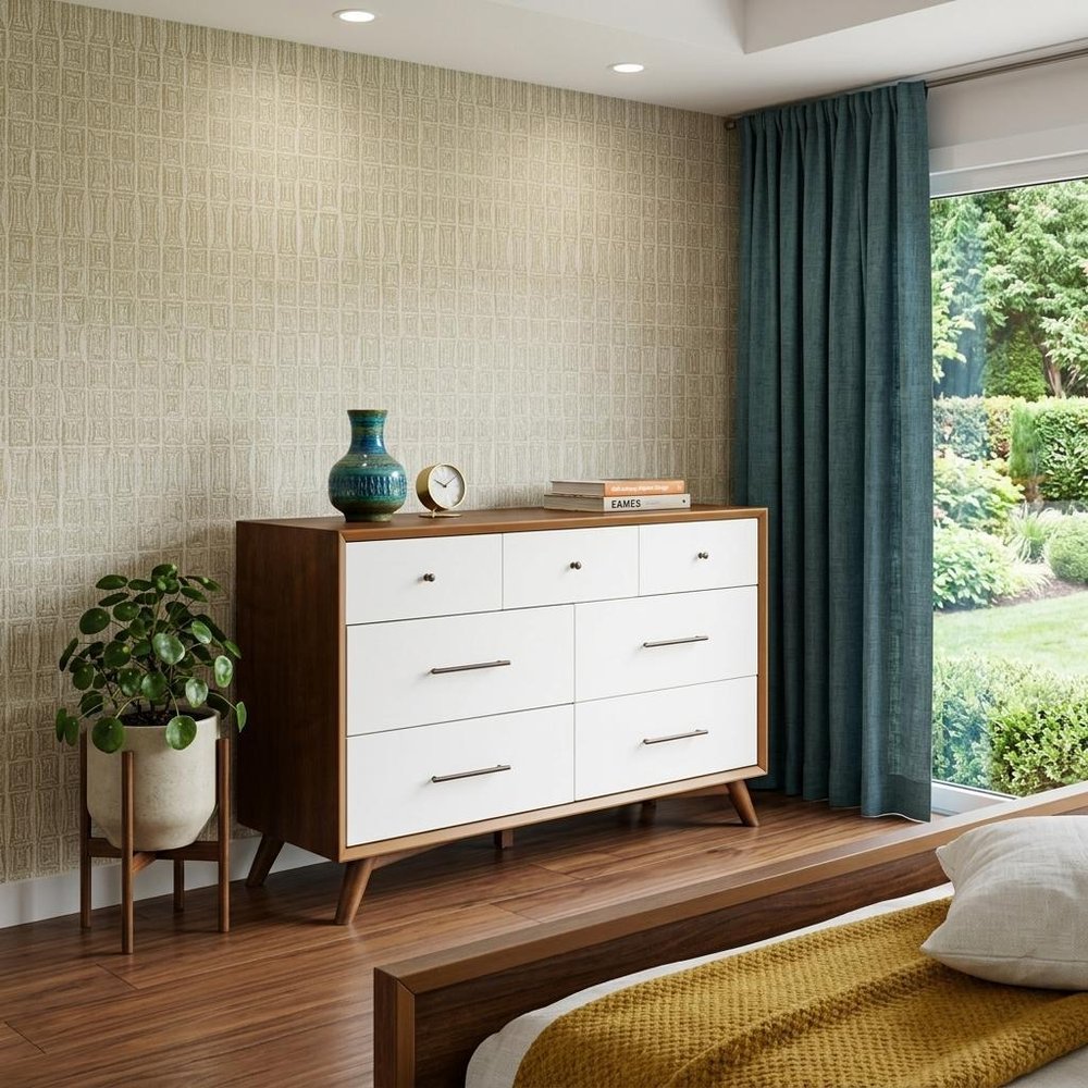 Brown and White Solid Wood Seven Drawer Double Dresser - 56-inch