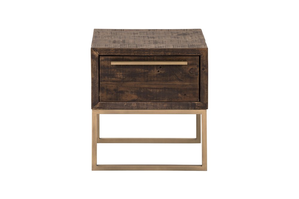 Antiqued Brass and Brown Reclaimed Wood End Table with Drawer