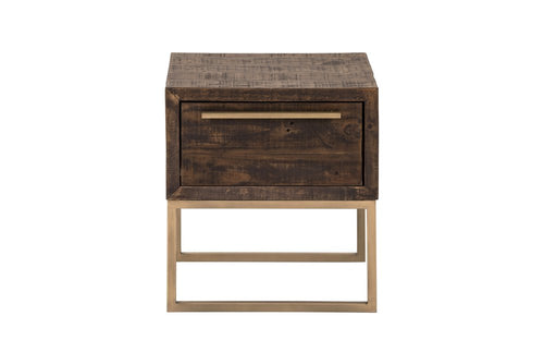 Antiqued Brass and Brown Reclaimed Wood End Table with Drawer