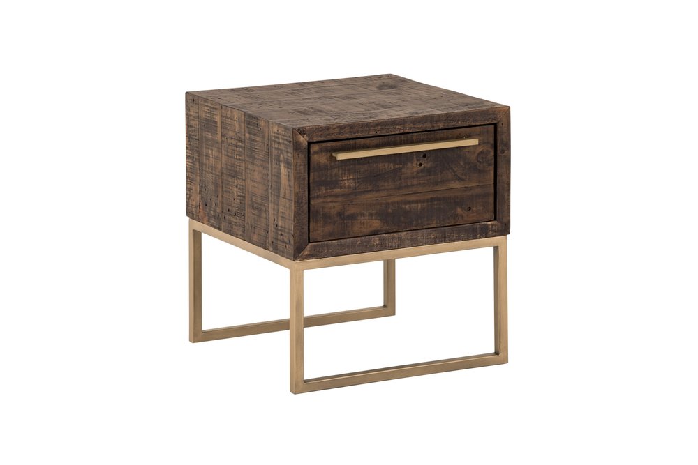 Antiqued Brass and Brown Reclaimed Wood End Table with Drawer