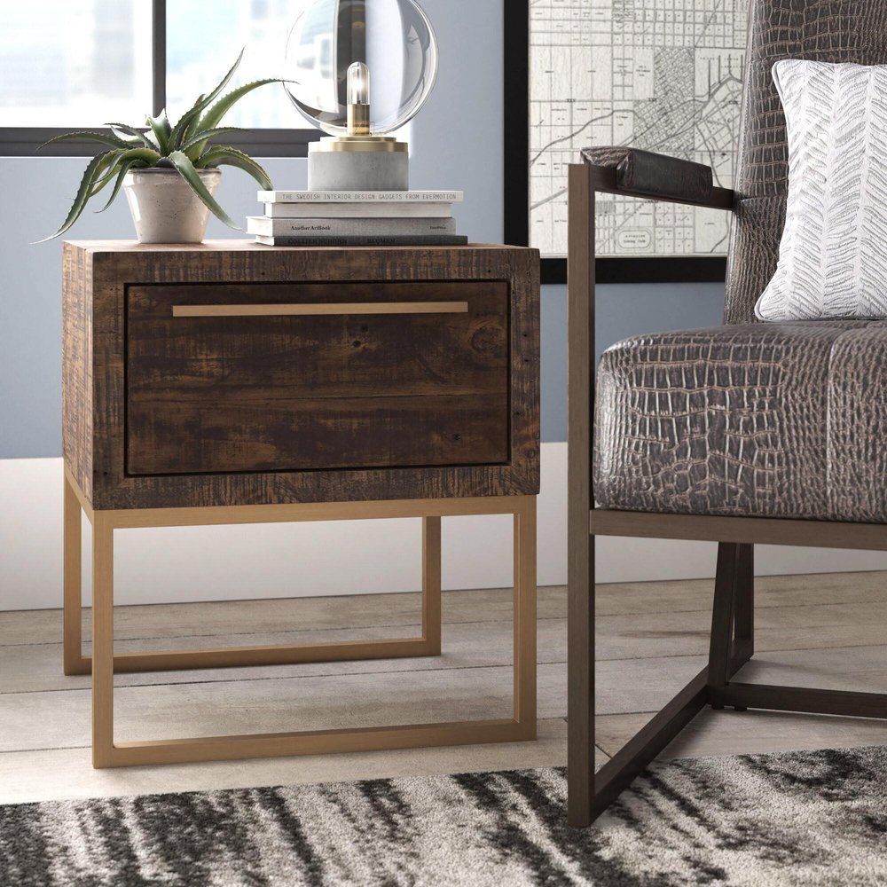 Antiqued Brass and Brown Reclaimed Wood End Table with Drawer