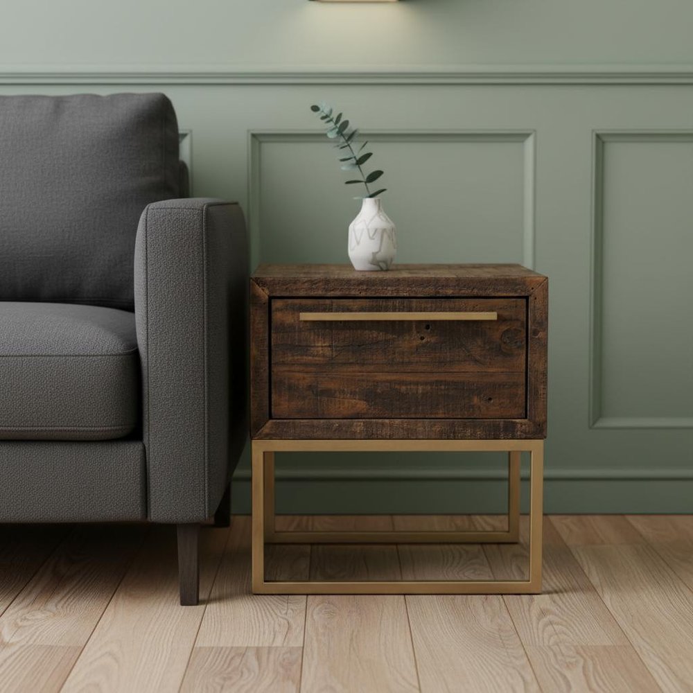 Antiqued Brass and Brown Reclaimed Wood End Table with Drawer
