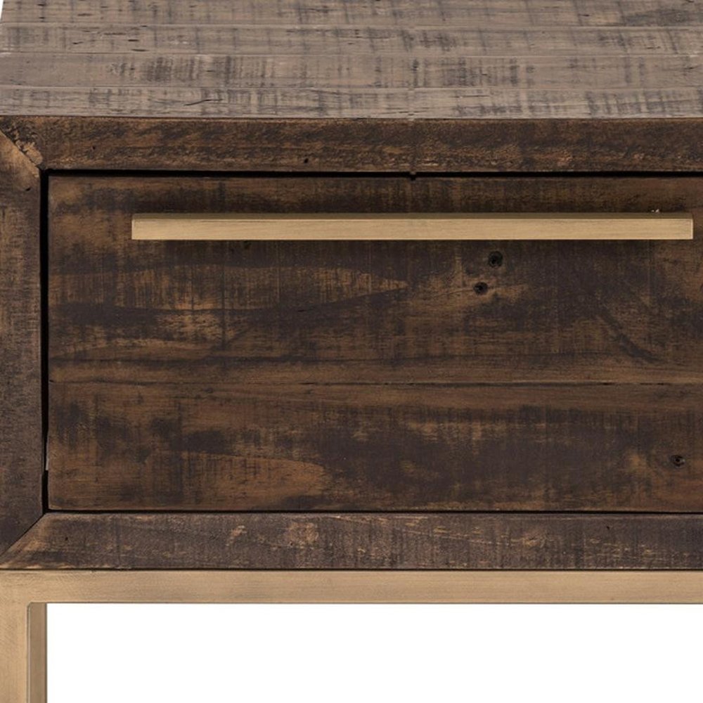 Antiqued Brass and Brown Reclaimed Wood End Table with Drawer