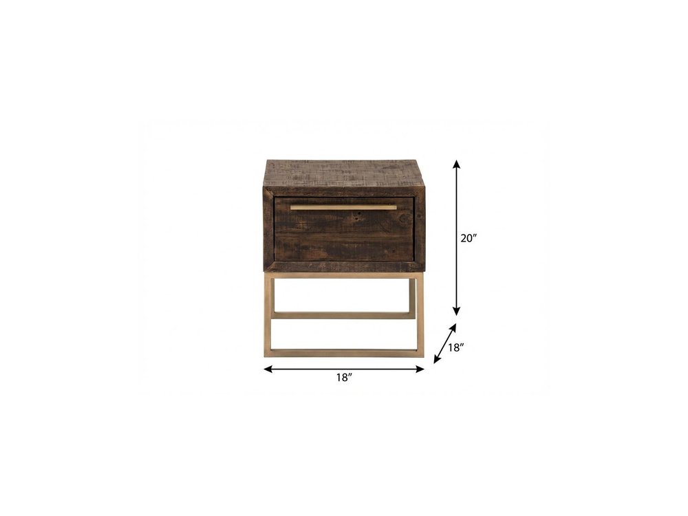Antiqued Brass and Brown Reclaimed Wood End Table with Drawer