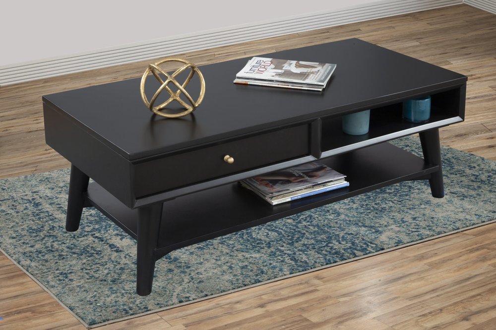Black Solid and Manufactured Wood Coffee Table with Drawer - 48-inch