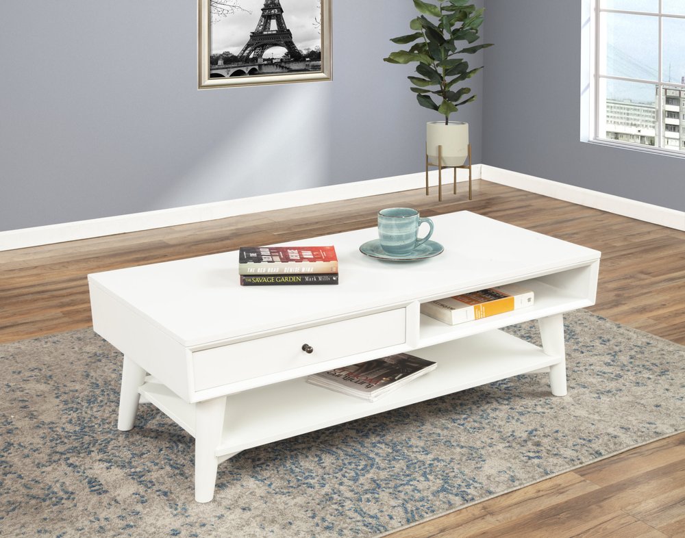 White Solid and Manufactured Wood Coffee Table with Drawer - 48-inch