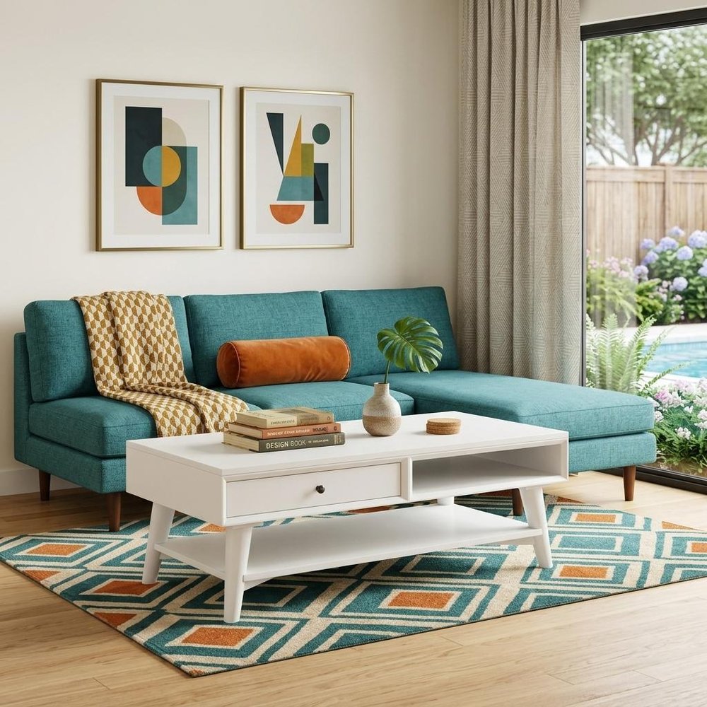 White Solid and Manufactured Wood Coffee Table with Drawer - 48-inch
