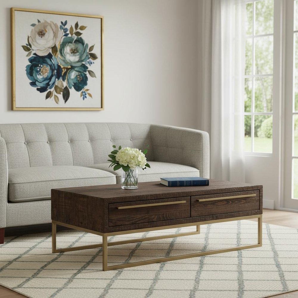 Dark Brown and Gold Metal Coffee Table with Drawer - 47-inch