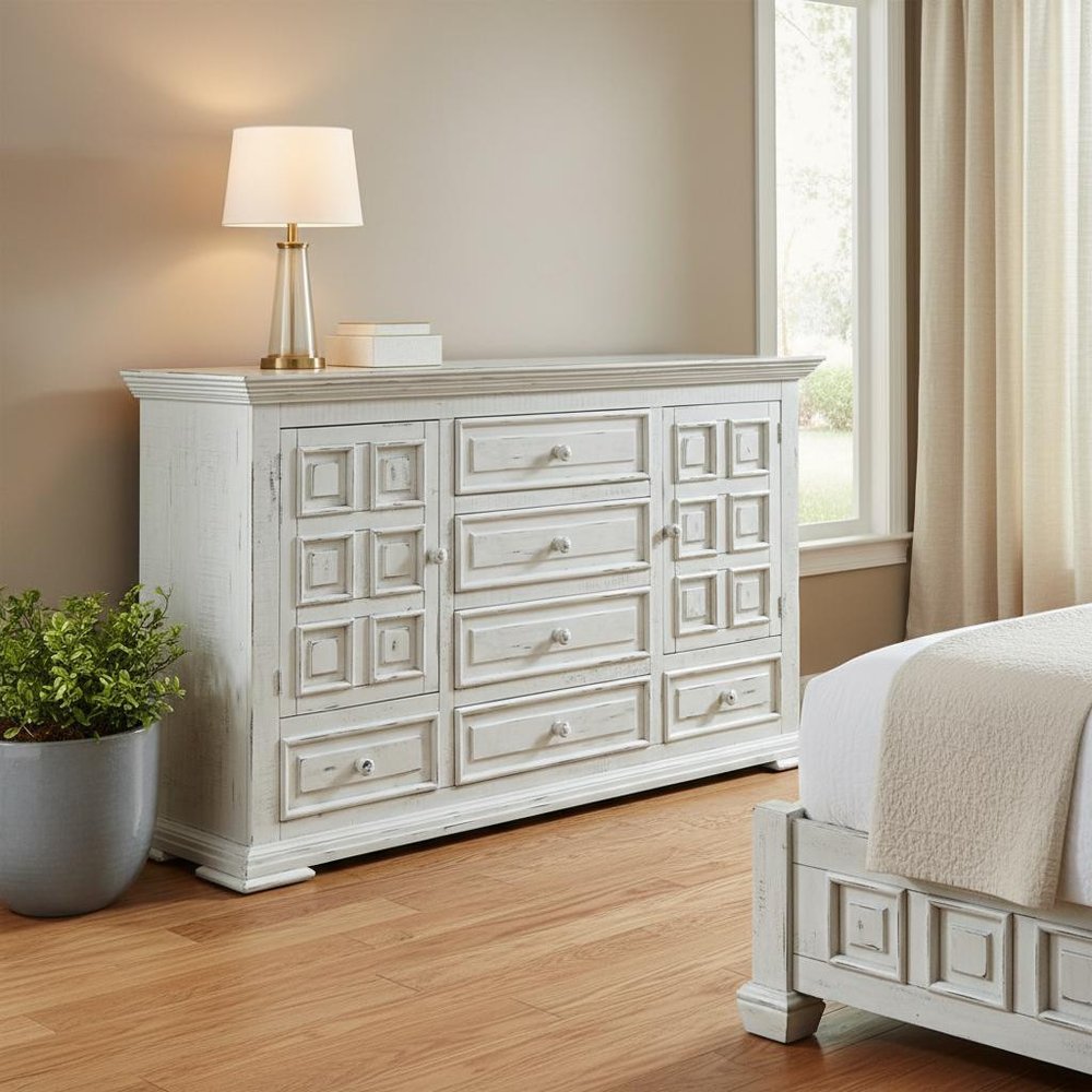 White Solid Wood Six Drawer Triple Dresser - 69-inch