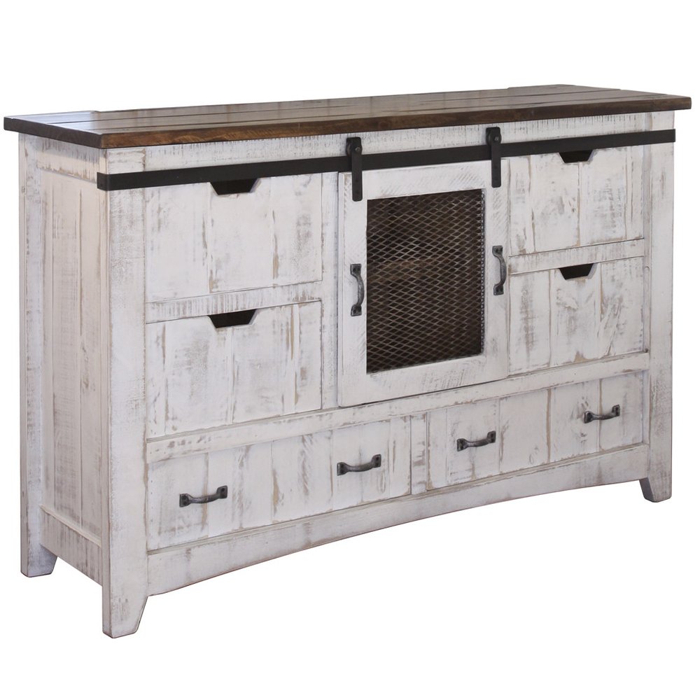 Antiqued White Solid Wood Six Drawer Triple Dresser - 62-inch