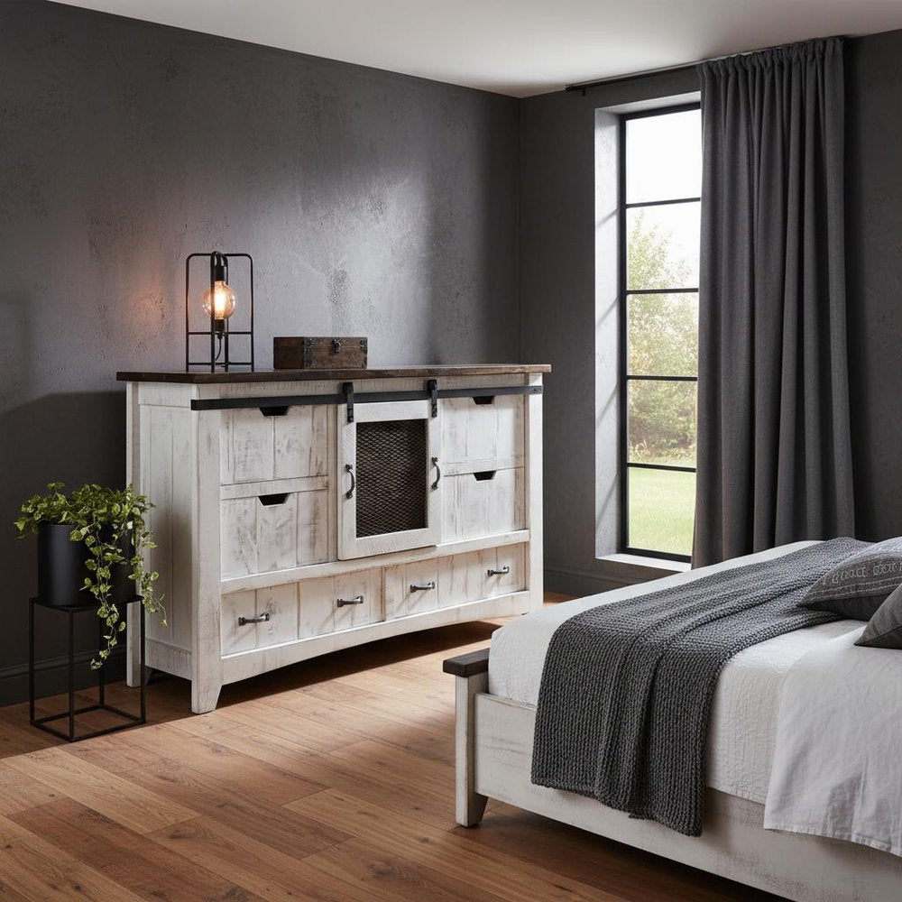 Antiqued White Solid Wood Six Drawer Triple Dresser - 62-inch