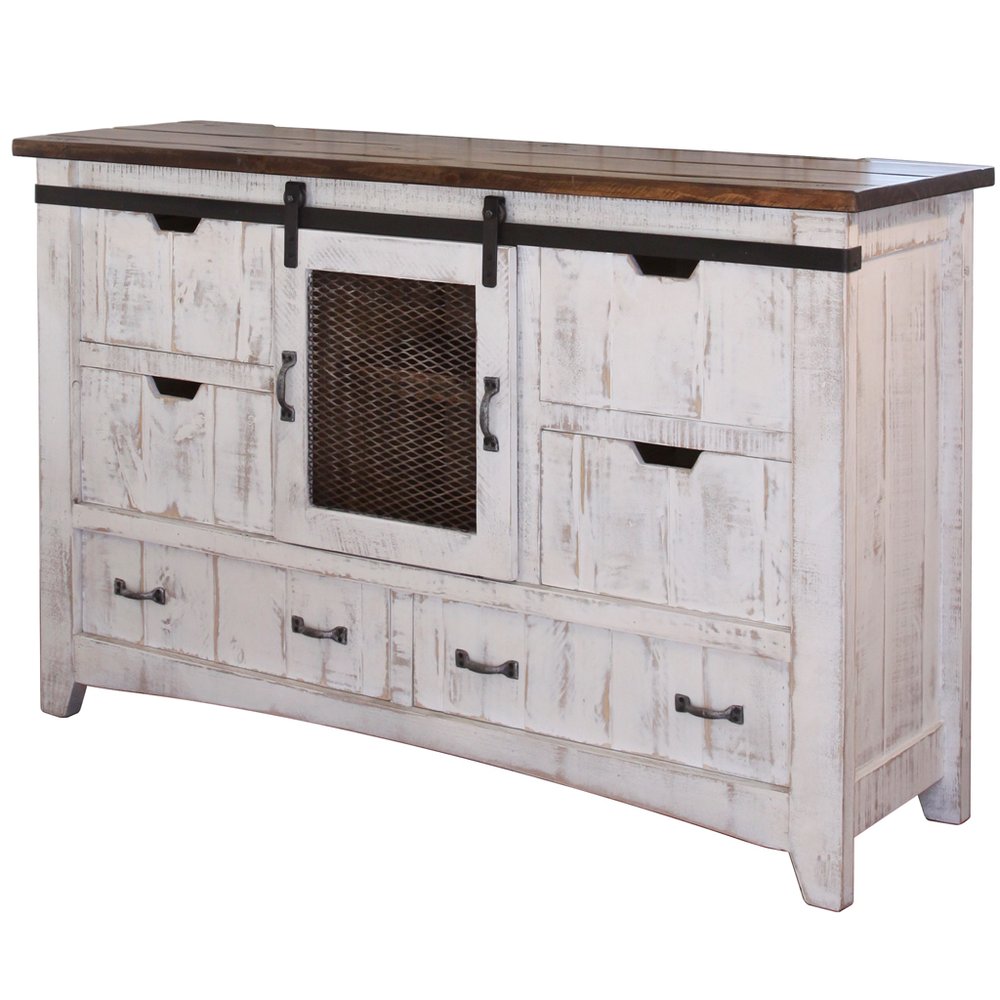 Antiqued White Solid Wood Six Drawer Triple Dresser - 62-inch