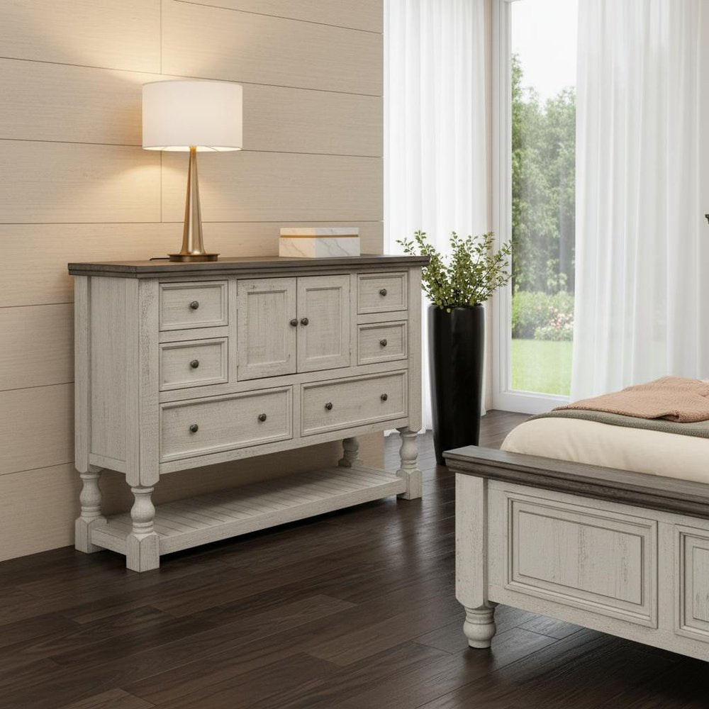 Gray and Ivory Solid Wood Six Drawer Triple Dresser - 62-inch