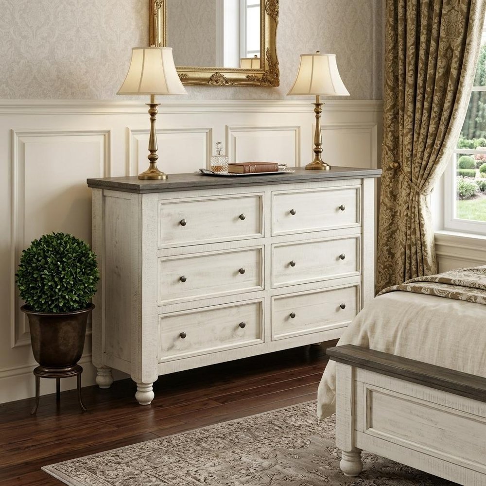 Gray and Ivory Solid Wood Six Drawer Double Dresser - 62-inch