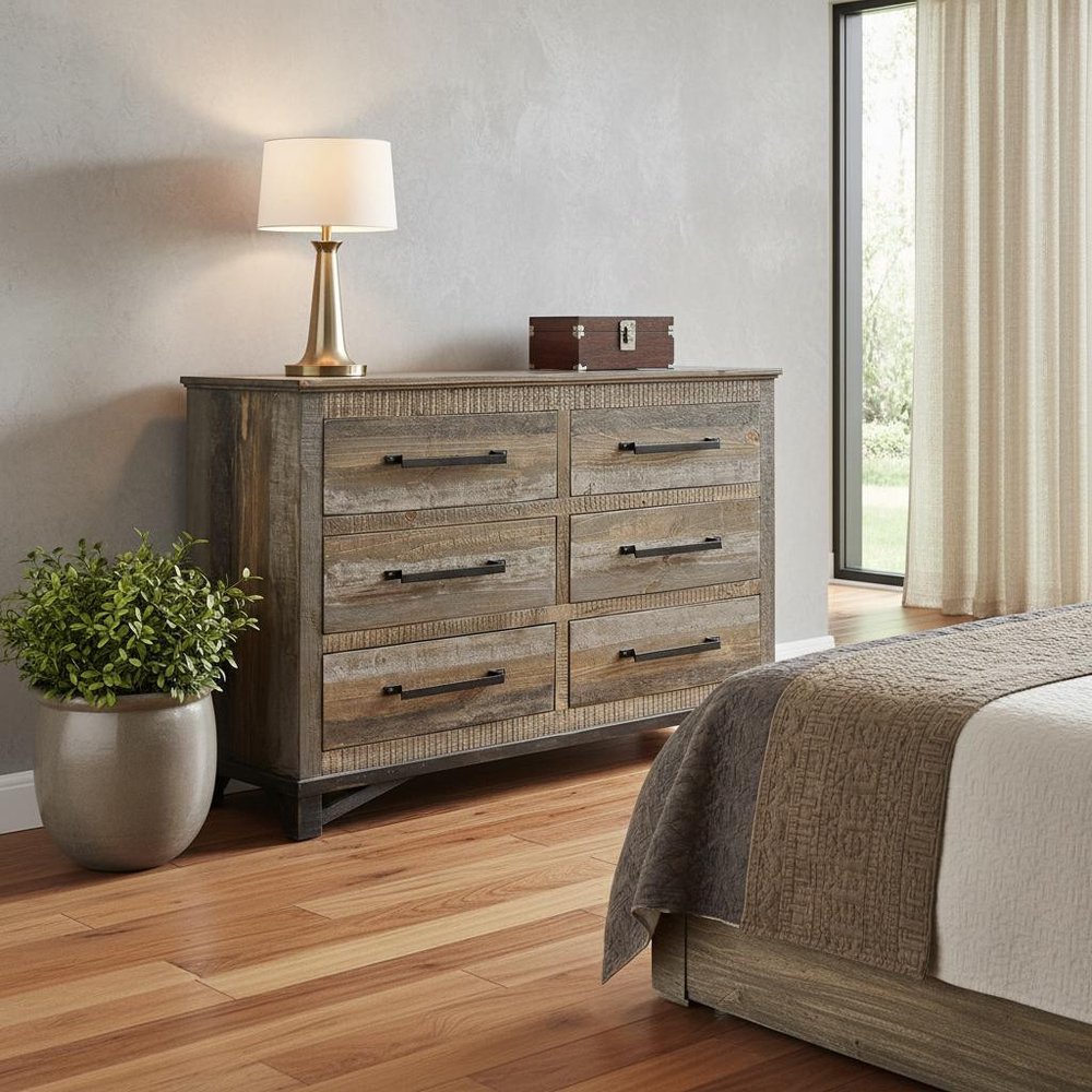 Brown Solid Wood Six Drawer Double Dresser - 62-inch