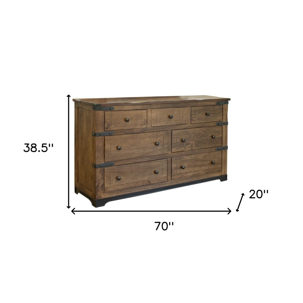 Brown and Black Solid Wood Seven Drawer Triple Dresser - 70-inch