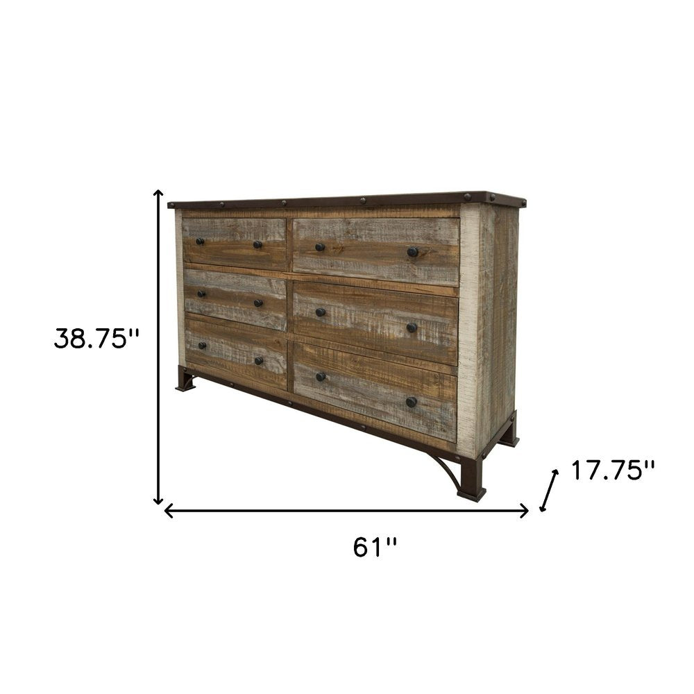 Brown Solid Wood Six Drawer Double Dresser - 61-inch
