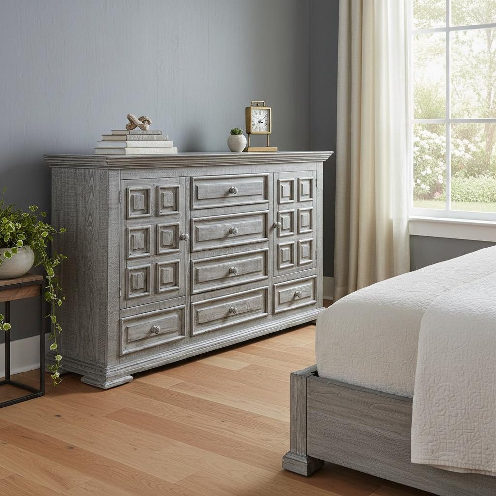 Gray Solid Wood Six Drawer Triple Dresser - 69-inch