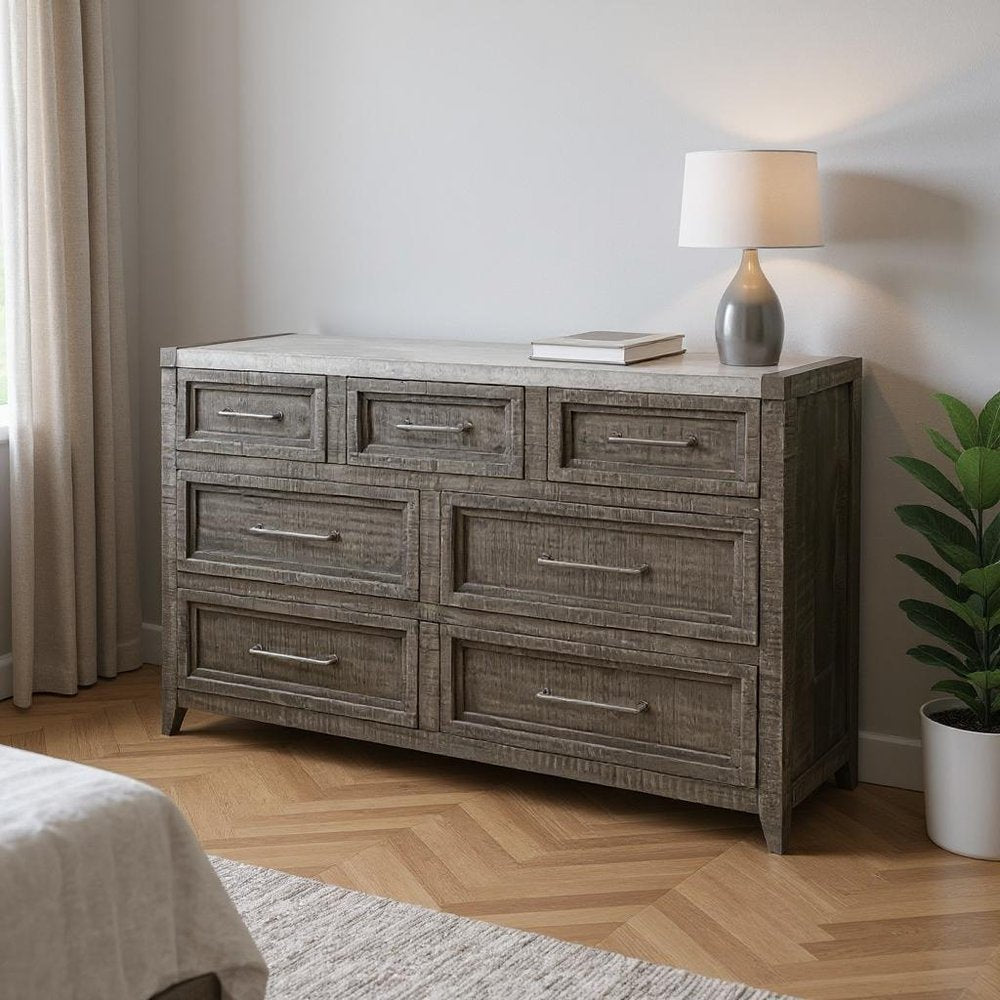 Gray Solid Wood Seven Drawer Triple Dresser - 62-inch