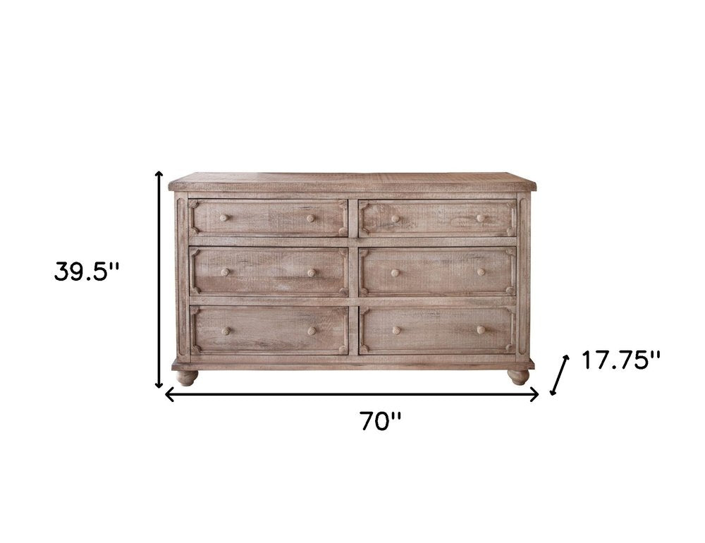 Natural Solid Wood Six Drawer Double Dresser - 70-inch