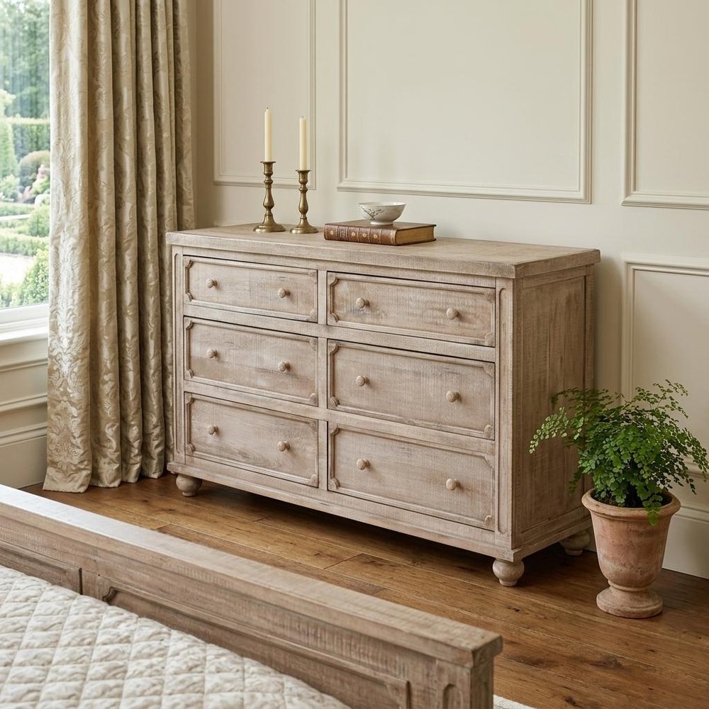 Natural Solid Wood Six Drawer Double Dresser - 70-inch