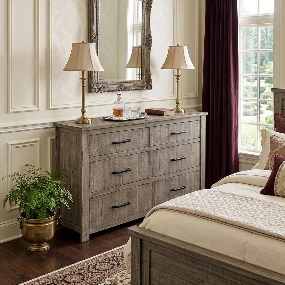 Brown Solid Wood Six Drawer Double Dresser - 62-inch
