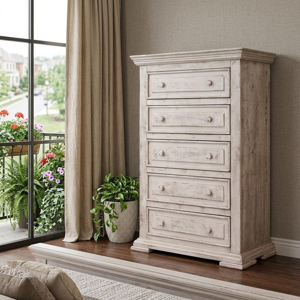 White Solid Wood Five Drawer Dresser - 37-inch