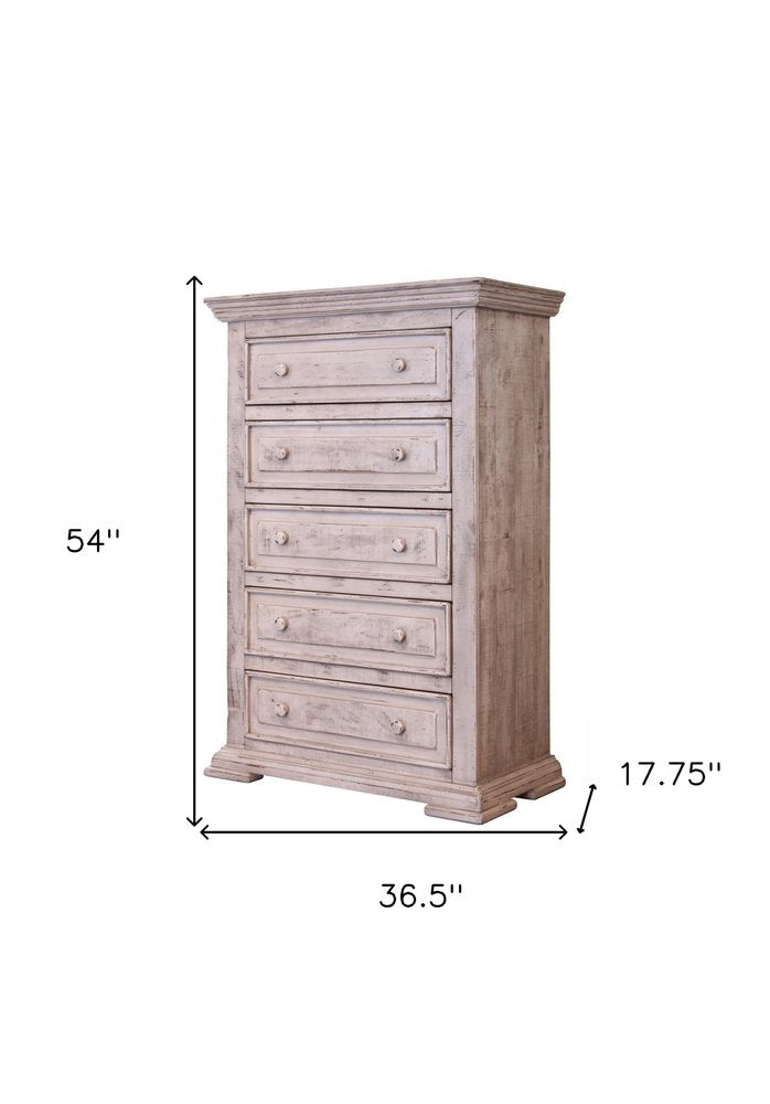 White Solid Wood Five Drawer Dresser - 37-inch