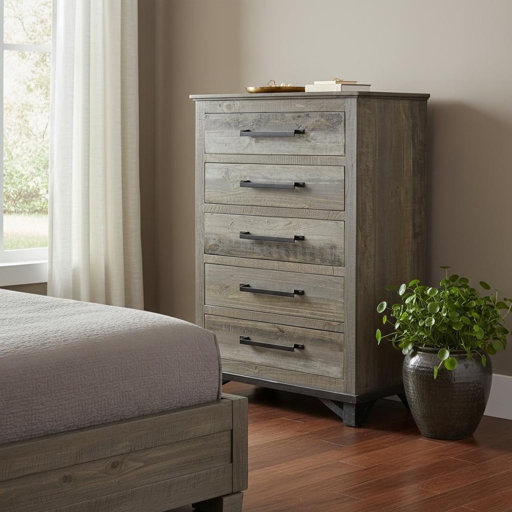 Gray Solid Wood Five Drawer Chest - 37-inch