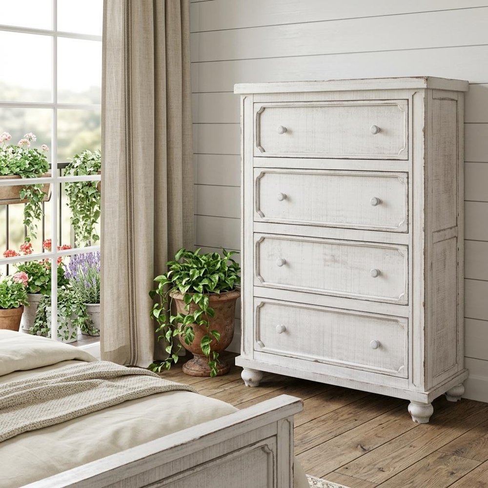 Antiqued White Solid Wood Four Drawer Dresser - 37-inch