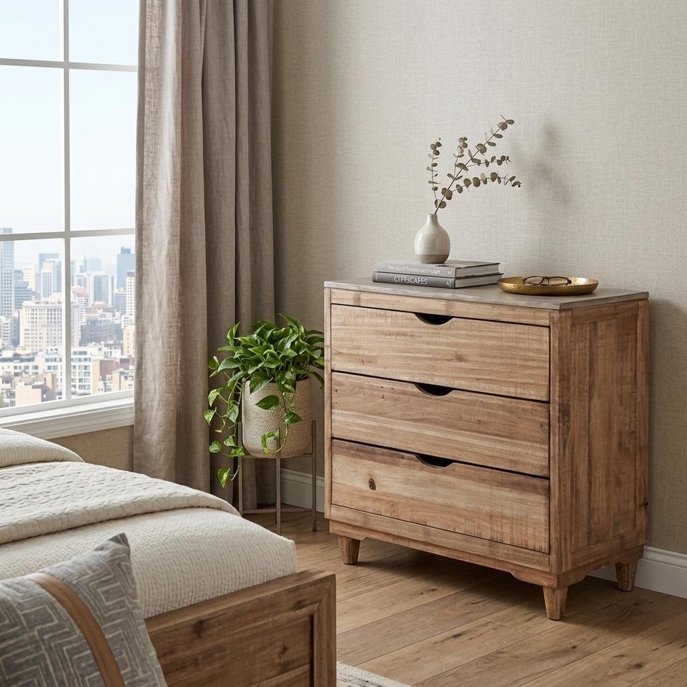 Natural Solid Wood Three Drawer Dresser - 36-inch