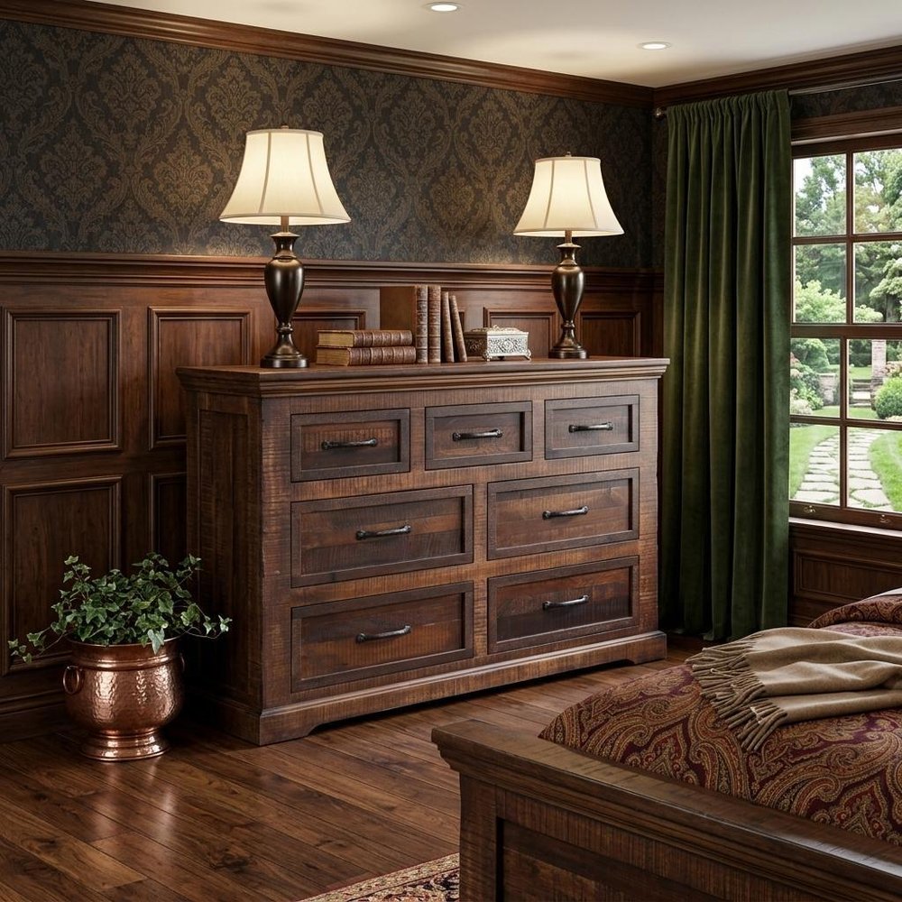 Brown Solid Wood Seven Drawer Double Dresser - 61-inch