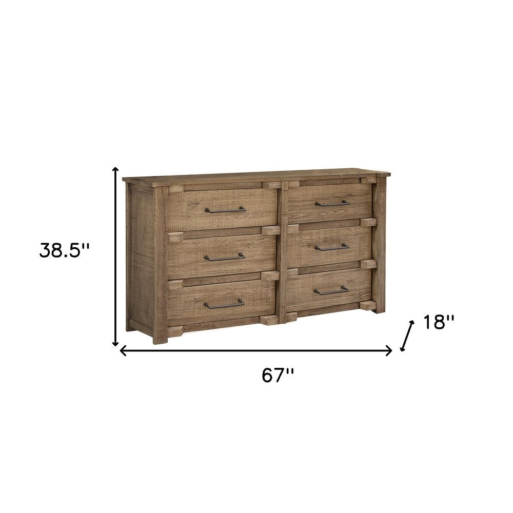 Natural Solid Wood Six Drawer Double Dresser - 67-inch