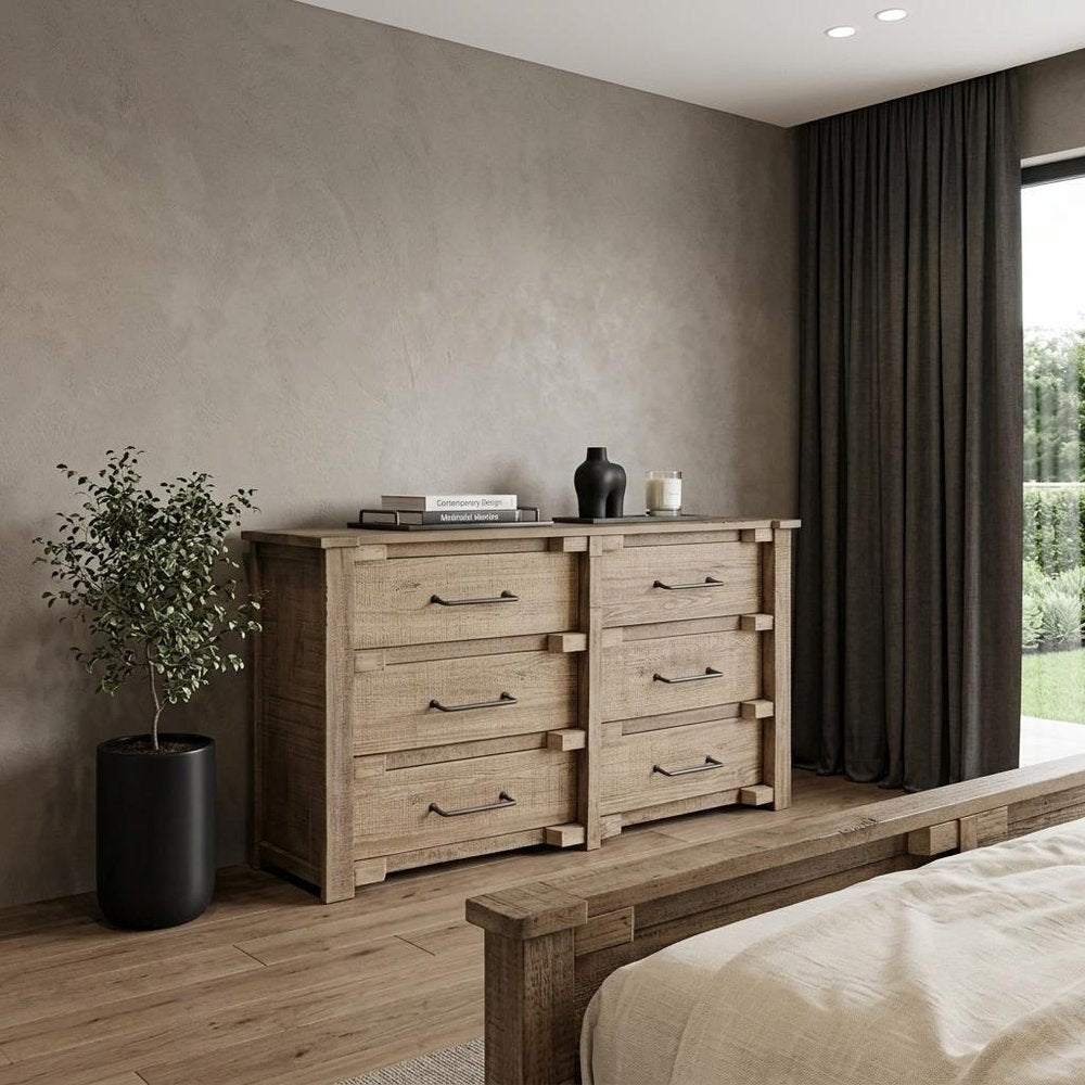 Natural Solid Wood Six Drawer Double Dresser - 67-inch
