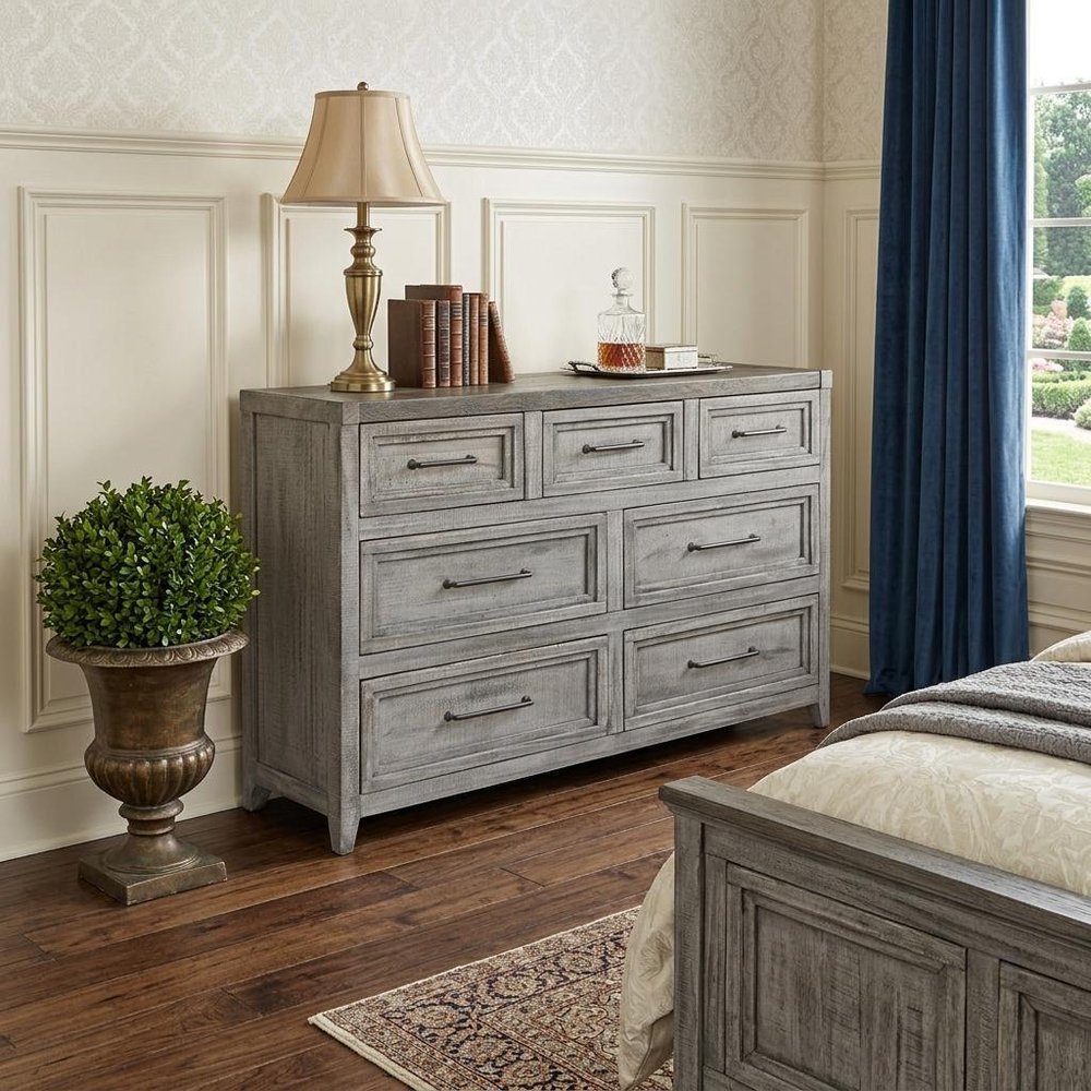 Brown Solid Wood Seven Drawer Double Dresser - 62-inch