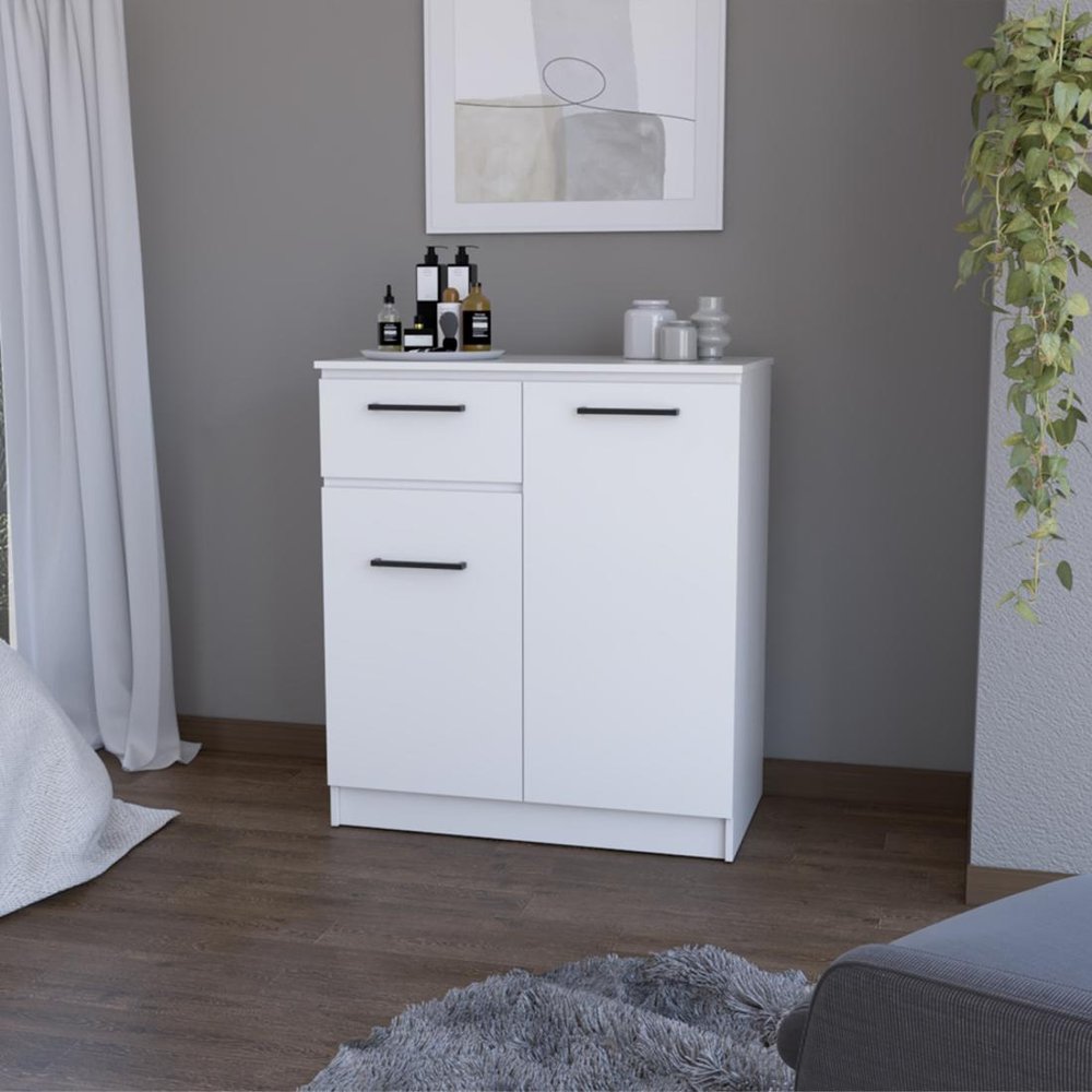 White Wood Accent Cabinet with Two Doors and One Drawer - 37-inch