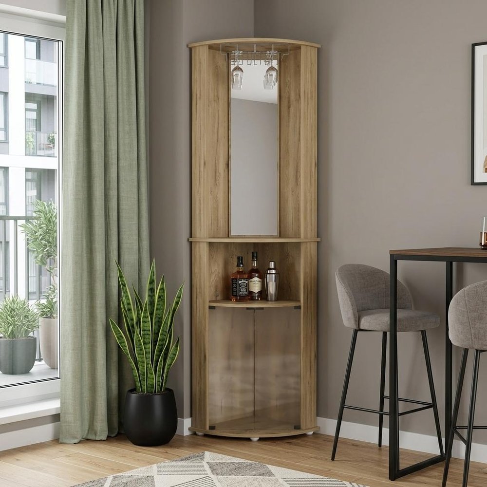 Natural Wood Corner Bar Cabinet - 18-inch