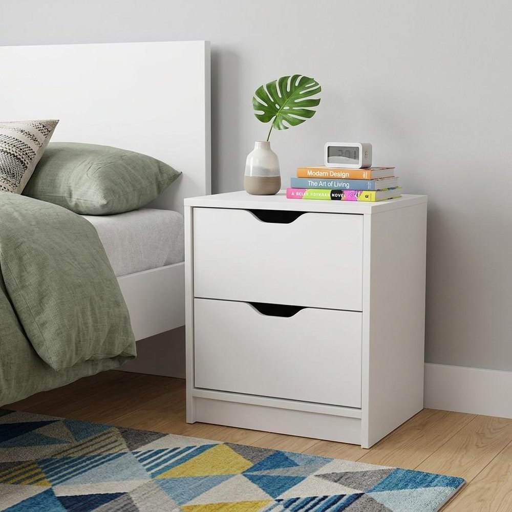 White Wood Two Drawer Nightstand - 19-inch