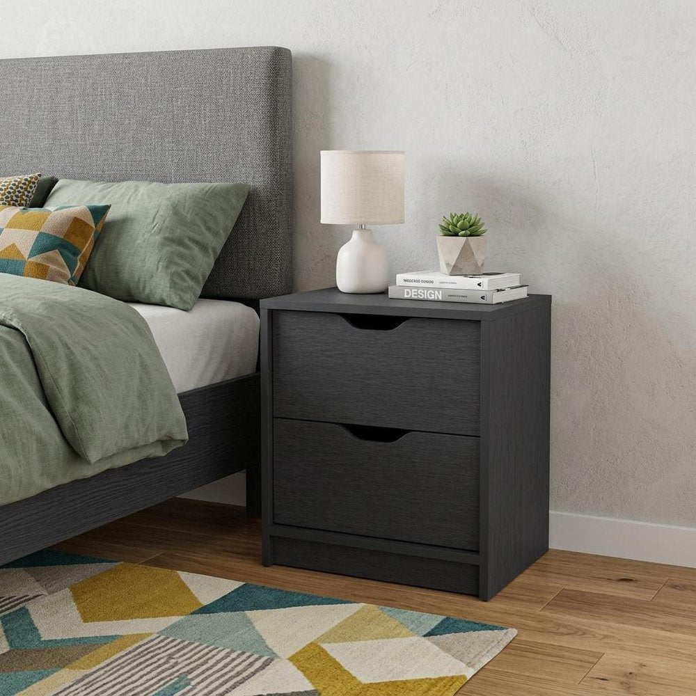 Black Wood Two Drawer Nightstand - 19-inch