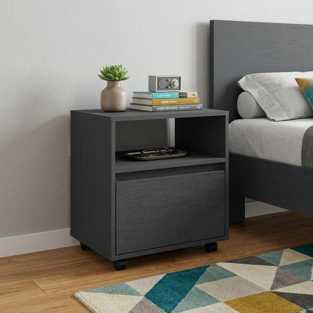 Black Wood One Drawer Nightstand - 20-inch