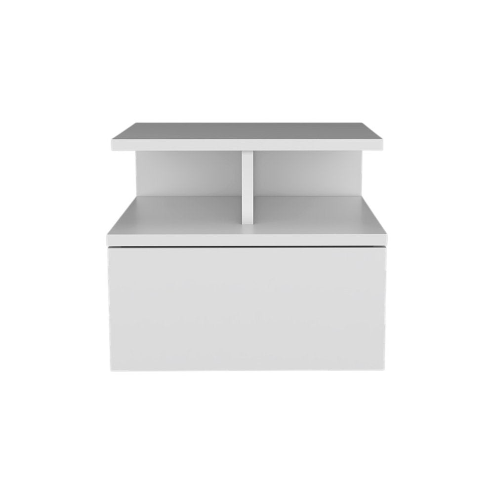 White Wood One Drawer Floating Nightstand - 14-inch