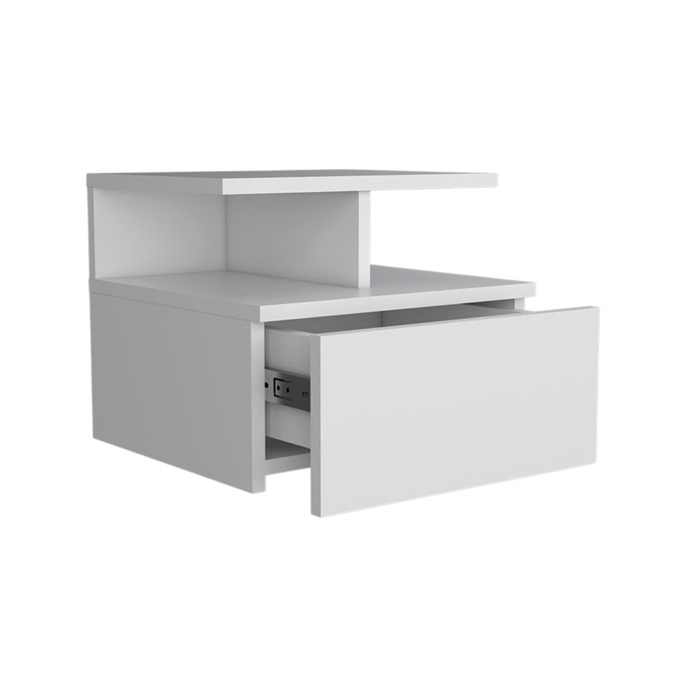 White Wood One Drawer Floating Nightstand - 14-inch