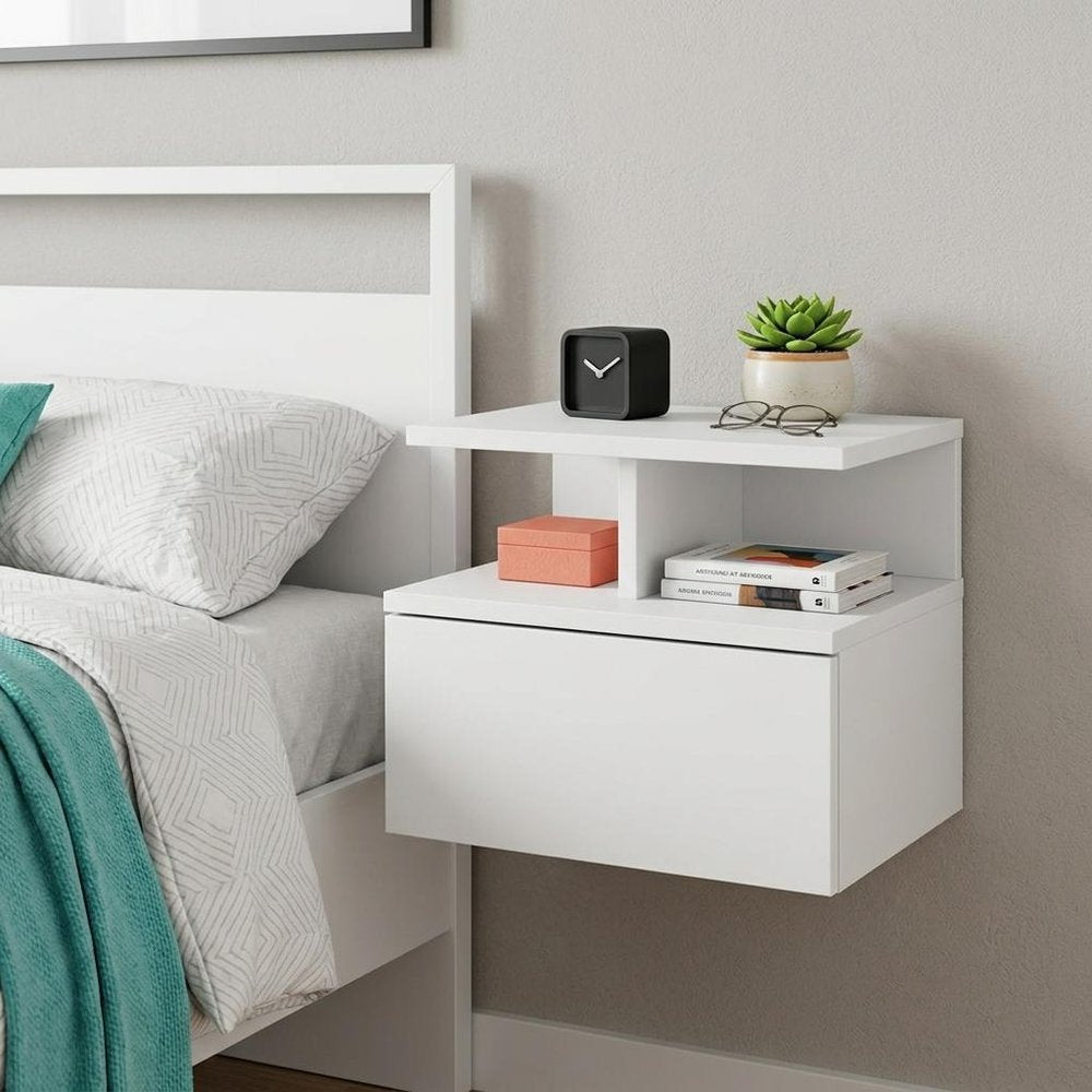 White Wood One Drawer Floating Nightstand - 14-inch