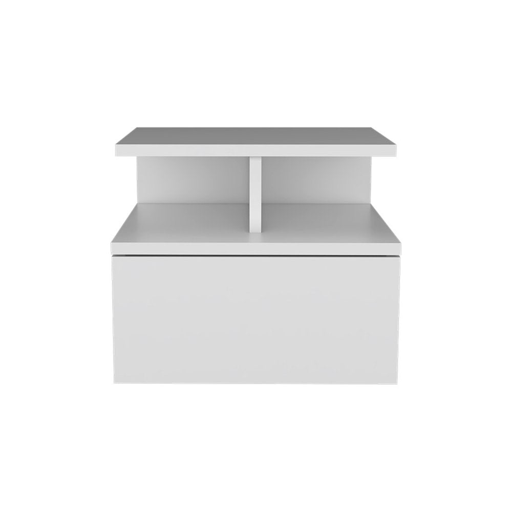 White Wood One Drawer Floating Nightstand - 14-inch