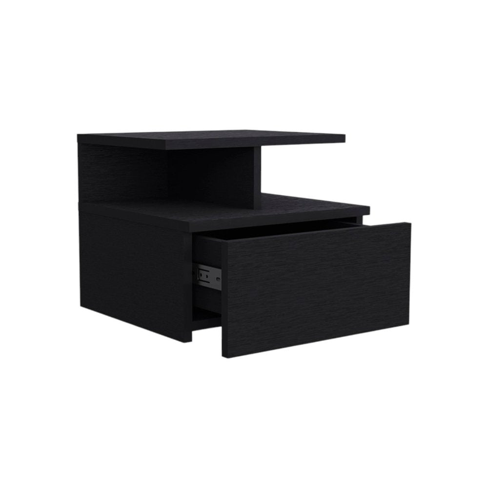 Black Wood One Drawer Floating Nightstand - 14-inch