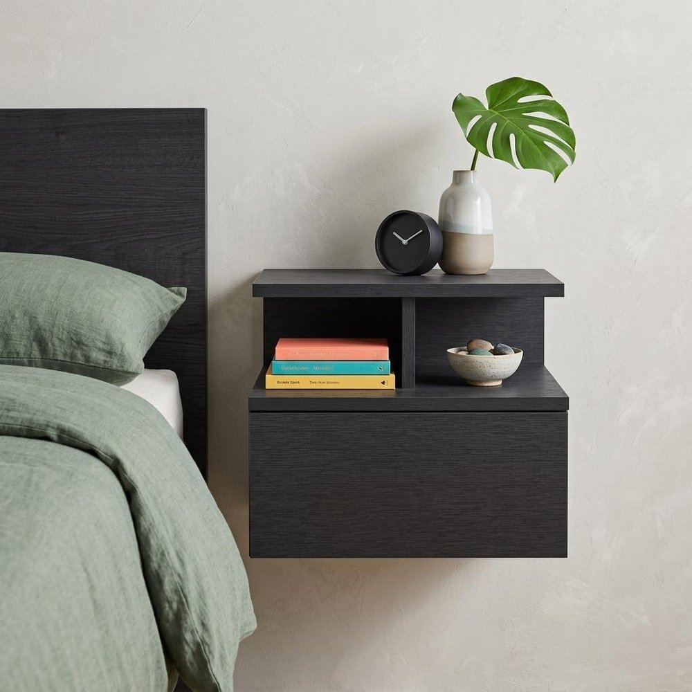 Black Wood One Drawer Floating Nightstand - 14-inch