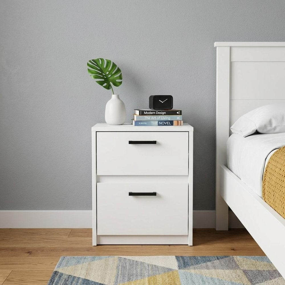 White Wood Two Drawer Nightstand - 19-inch
